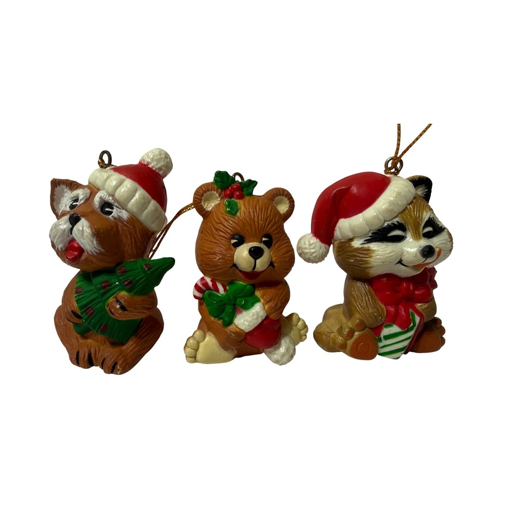 Vintage Style Christmas Ornaments Set of 3 Bear Raccoon Dog Holiday Decor PVC